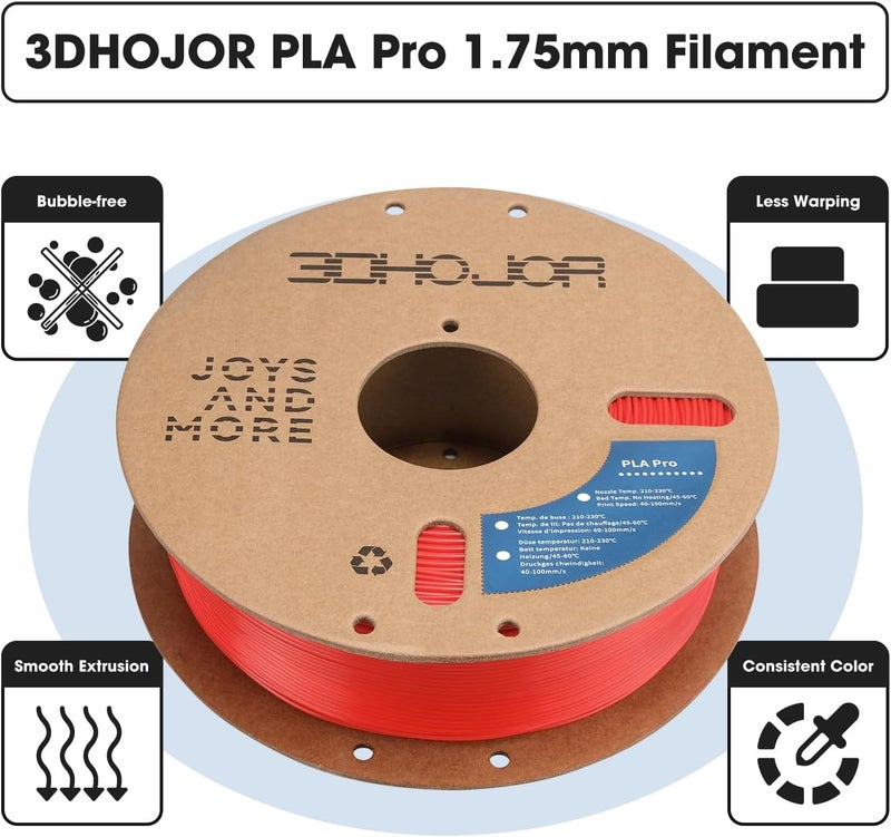 3DHoJor خيوط PLA Pro (PLA+) بقطر 1.75 مم، خيوط طابعة ثلاثية الأبعاد، بكرة كرتونية، دقة +/- 0.03 مم، حمراء، 1 كجم - Image 2